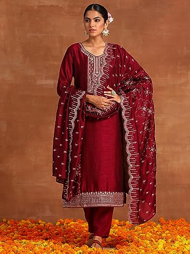 Image of INDO ERA Silk Blend Women's Embroidered Straight Kurta Trouser With Dupatta Set