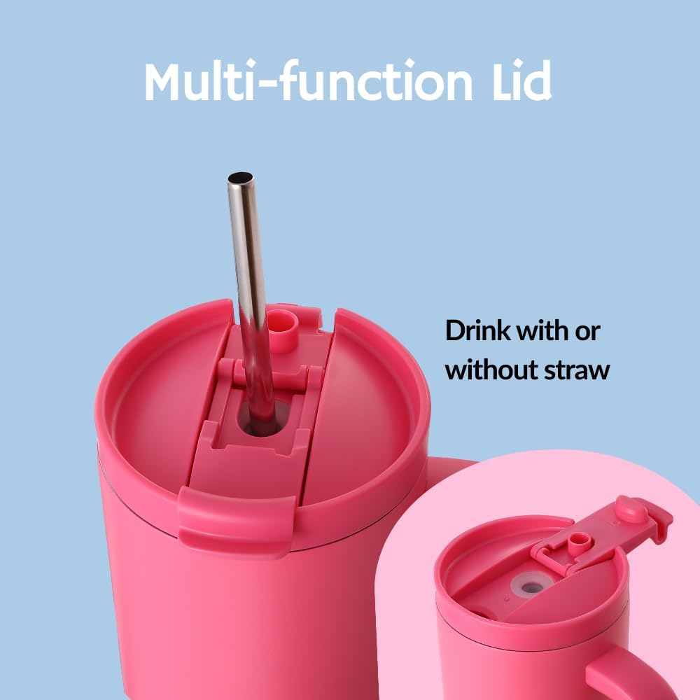 40oz Insulated Tumbler with Handle & Straw Lid | Keeps Cold for 30hrs, Hot12hrs | 100% Leakproof Stainless Steel Water Bottle | Cup holder friendly Travel Mug | Hot Pink - Image 7