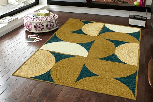 Tapis carré jute tressé main jaune moutarde pour petit espace