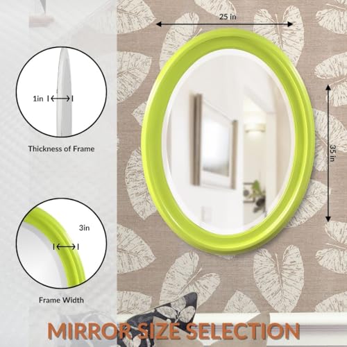 Image of Howard Elliott Collection George Oval Glossy Green Wall Mirror, Oval Bevelled Hanging Wood Framed Vanity Mirrors for Home Decor, Living Room, Bathroom, Bedroom, or Hallway, 25 x 33 Inch