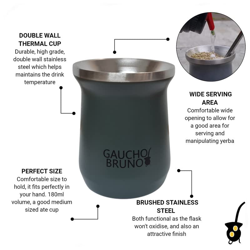 Gaucho Bruno - Stainless Steel Thermal Mate for Drinking Yerba Mate and Bombilla Straw, Gray, Mate+Bombilla - Image 3
