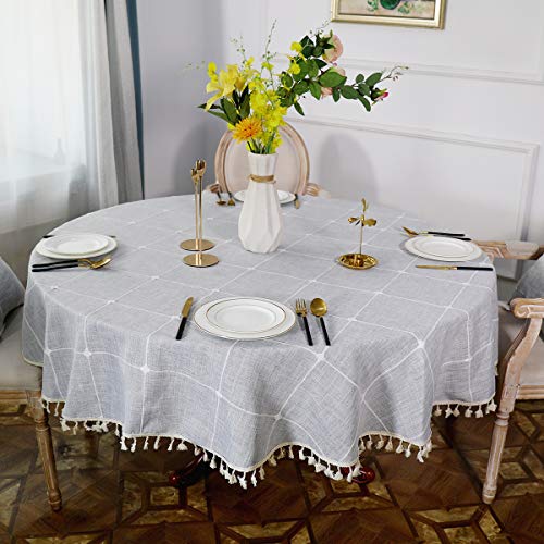 One-Day Sale: Up to 70% Off NEKKA Round Tablecloth, Classic Embroidery Table Cover, Cotton Linen Tassel Desk Cover for Kitchen Dining Party, Diameter 60, Light Gray