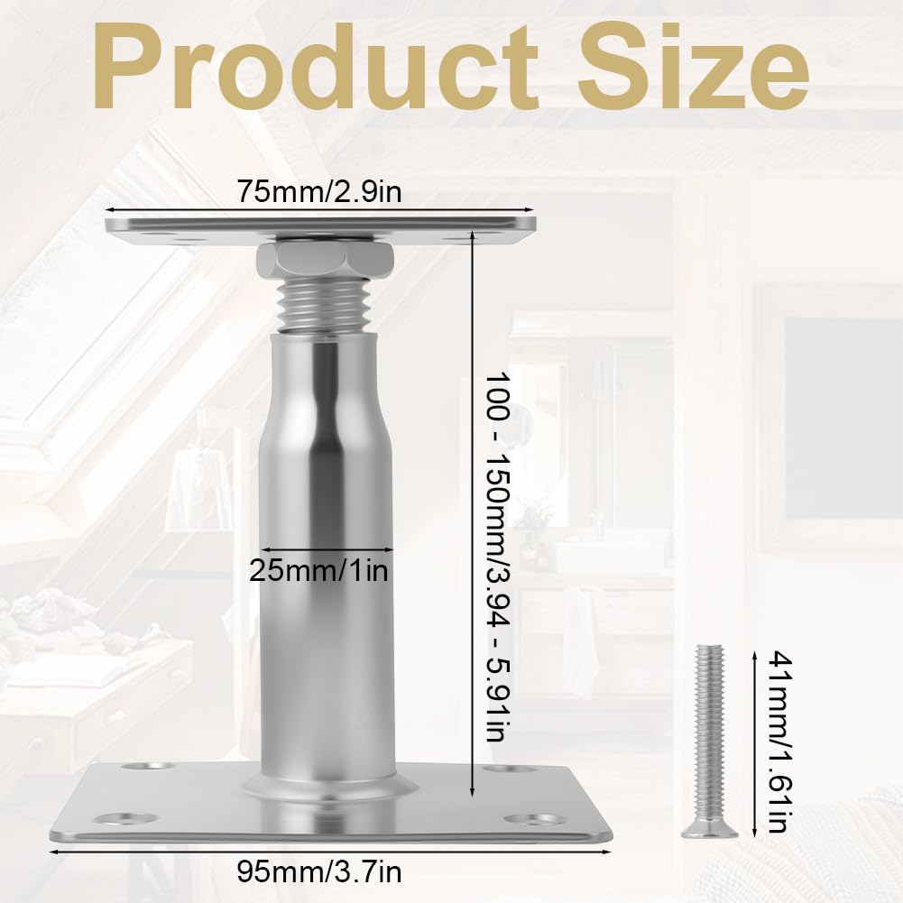 Supports de Poteau Galvanisés de 100 à 150 mm, Lot de 4 Supports de Poteau Réglables en Hauteur avec 16 Vis, Embase Pied de AOOTE Poteaus Carrée Réglable pour Clôtures, Abris, Pergolas (Argent)