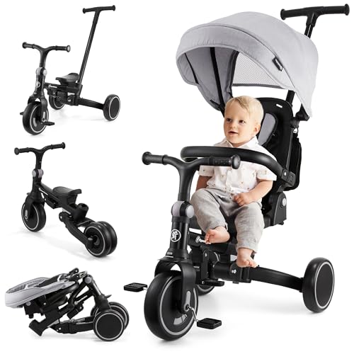 HyperMotion Tricycle évolutif 8 en 1 bébé – siège pivotant 360°, Roues EVA increvables, Pliable, Confortable et sécurisé – Tobi Forest