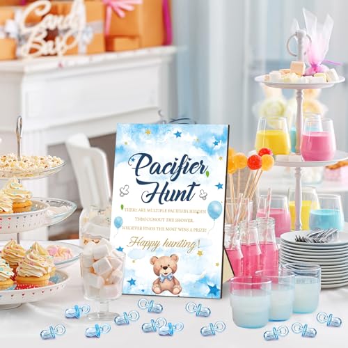 Image of Thyle 51 Pcs Blue Bear Pacifier Hunt Baby Shower Games Include Neutral Bear Themed Hunt Sign and 50 Acrylic Pacifiers for Blue and Brown Baby Shower Game Decoration Gift Sets Gender Reveal Party Decor