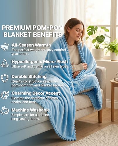 Image of SANMARINO 250 GSM Flannel Blanket for Single Bed | Ultra Soft Velvet Touch Throw Blanket with Decorative Pom Pom Fringe | Lightweight & Breathable All-Season /Mild Winter -152x228 cm,Aqua