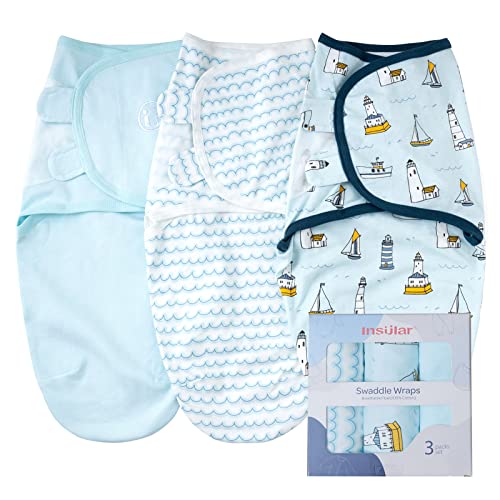 Image of insular Baby Swaddle Wrap, Swaddle Blanket for Newborn and Infant, Adjustable Swaddling Set for Boy and Girl, Soft Cotton Baby Sleep Sack 3 Pack, Ocean, Medium(3-6 Month)