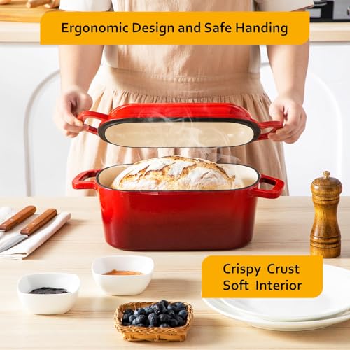 Image of Velaze 3.6QT Dutch Oven for Bread Baking,Oval Cast Iron Enameled Bread Oven Pan with Lid and Offset Handles,Oven Safe to 500F for Homemade Sourdough Bread(Red)