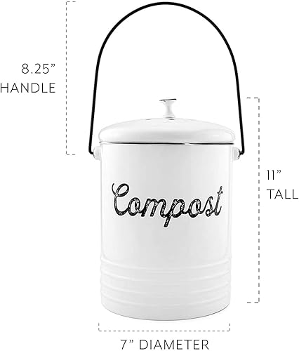 Miniatura 6 de AuldHome - Contenedor de compostaje esmaltado blanco, juego de latas de compost de granja con tapa y filtros de carbón, 1.3 galones