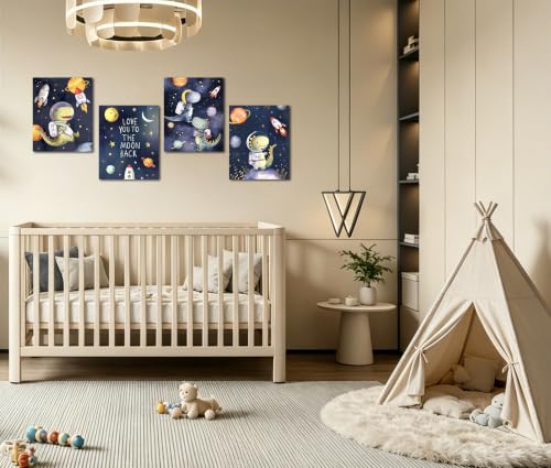 Image of Frimeeme Space Dinosaur Astronaut Wall Art Prints, Set of 4, 8x10 in | Watercolor Planets and Rockets Poster, Kids Nursery Decor, Unframed