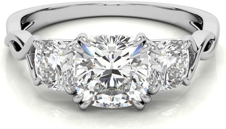 Cushion Cut 3 Stone Moissanite Engagement Ring for Women, 925 Sterling Silver White Gold Plated, Classic Bridal & Wedding Jewelry