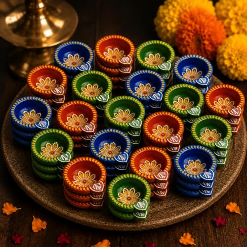 Image of Pure Source India Decorative Terracotta Handmade Design Diya Suitable for Diwali, Festive Occasion, Pooja /Mandir /Temple (3 X 3.5 X 1 INCH) (Multicolour) (24 PCS)