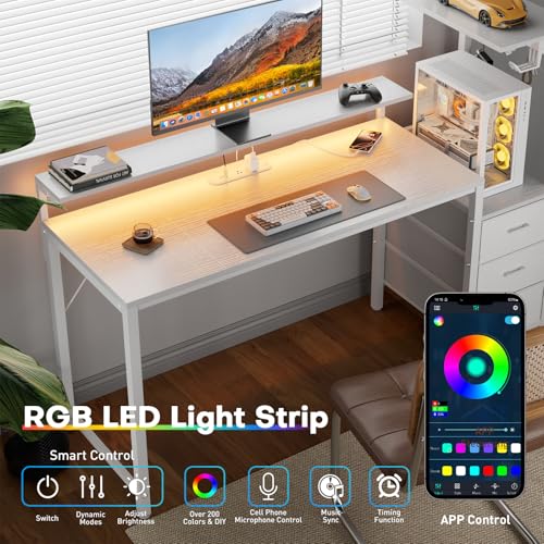 Image of HLDIRECT 60 inch Gaming Desk with 3 Fabric Drawers & Side Hooks-Reversible Home Office Computer Desk with Power Outlets & Led Lights, Gamer Desk Table with Monitor Stand, White