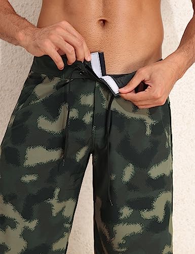 Nonwe Men's Swimming Trunks with Boxer Brief Liner Quick Dry Stretch Long Beach Shorts Camo Green 362