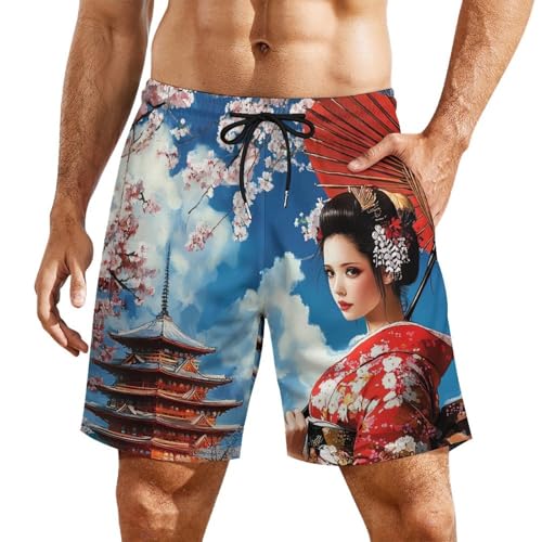 Japanese Kabuki Geisha Mens Swim Trunks with Compression Liner Quick Dry Board Shorts Bathing Suit