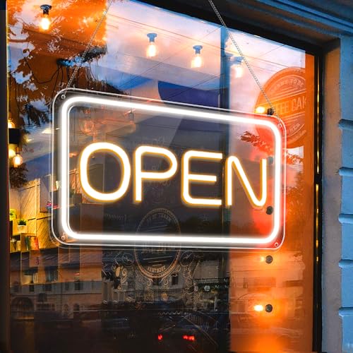 LightingWill Open Neon Schild 5V USB Open Schild LED mit Ein/Aus Open Leuchtreklamen für Business Light Up Sign für Bar Salon Store Cafe Shop Club Gelb/Weiß Horizontal