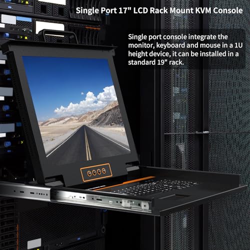 Image of 1U Rack Mount KVM Console-17 Rackmount Monitor Keyboard Single Port VGA KVM,50,000 MTBF,1280X1024 60Hz,17.6 inchX18.9 inchX1.67 inch(WXDXH),Fit 1U 19'' Rack, Incl. 1 VGA Cable,1 Power Cord,2 Bracket,1 Ground Wire