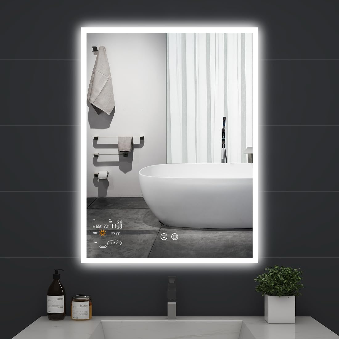 24 x 32 Inch Led Smart Bathroom Mirror with Lights, Anti Fog Lighted Vanity Mirror with Weather Time Wall Mounted, White/Warm/Natural Light Dimmable, CRI92, IP54 Waterproof (Vertical)
