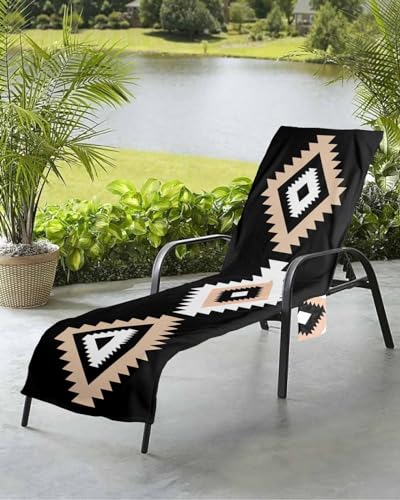 Beach Pool Patio Lounge Chaise Chair Cover Towel with Pockets, Black Aztec Absorbent & Quick Dry Microfiber Towel Cover Bag Summer Travel Accessories for Sunbathing Geometric Geometric Boho Moroccan