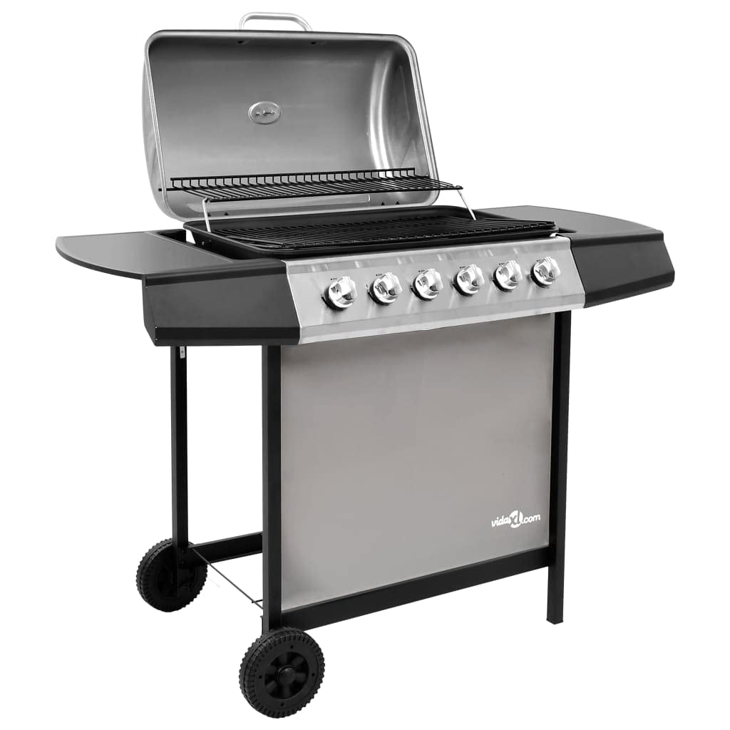 vidaXL Barbecue à gaz avec 6 brûleurs, élégant et fonctionnel, roulettes robustes pour jardin, cuisine en plein air, barbecue noir et argent