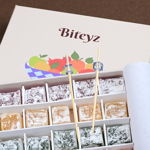 Image of Biteyz Original Turkish Delight, Vegan Candy Gift Box - Assorted Gourmet Fruit Snacks with Lemon, Apple, Orange, Pomegranate, and Raspberry Flavors, 36 Pieces of Luxury Handmade Vegan Treats