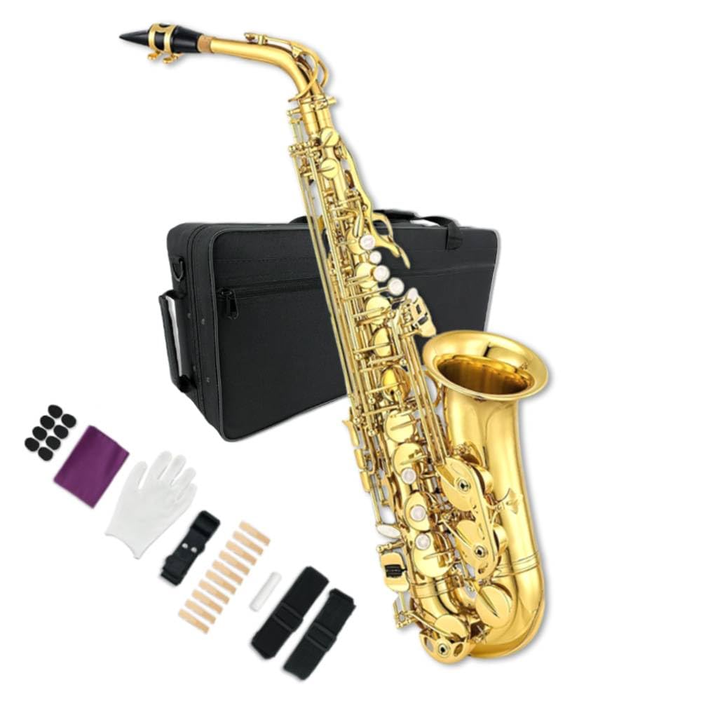 Alto Saxophone Beginner kit for Adults, Student Saxophone Alto Eb, Professional Saxophone Instrument with Mouthpiece, Straps, Reeds, Pads, Case (Gold)