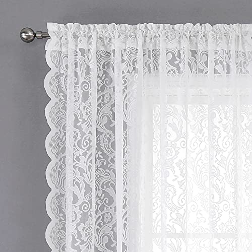 Bujasso White Sheer Lace Curtains 54 Inch Vintage Floral Short Curtain Panels For Kitchen Living Room Bedroom Farmhouse Light Filtering White Drapes Window Treatment Sets Rod Pocket 2 Panels 54"Wx54"L #TOP2