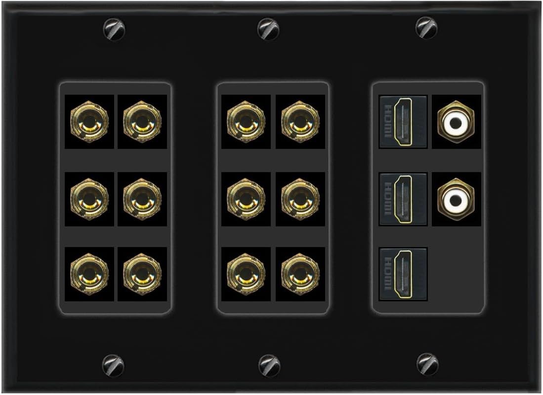 RiteAV 6.2 Surround Sound 6 Speaker 12 Banana Plug Jack Wall Plate w/ 2 RCA Subwoofer + 3 HDMI Female Connectors - 3 Gang [Black]