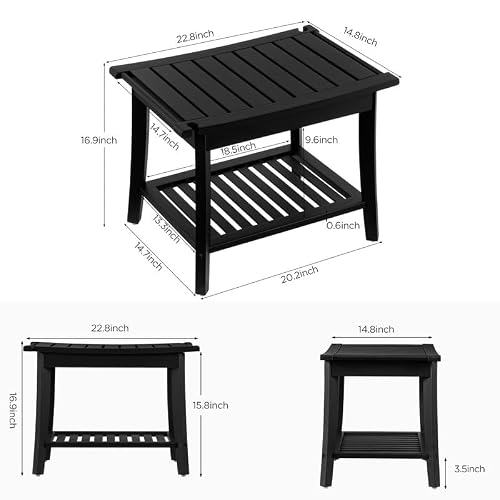 Oyydecor Premium Bamboo Shower Bench, Waterproof Shower Stool with Storage, Handles, and Towel Shelf, Wood Shower Chair for Inside Shower & Outdoor Use (Black, L)