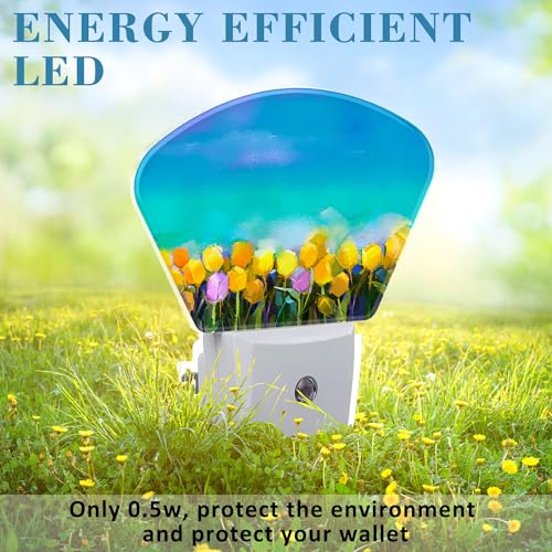 Image of Tulips Flowers Oil Painting Night Light for Kids Girls Boys, Abstract Flower Painting LED Night Light Plug into Wall with Dusk to Dawn Sensor for Room, Hallway, Kitchen, Bathroom, Stairs Decor