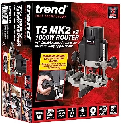 Trend T5 1/4 Inch Variable Speed Workshop Router, Perfect for Hinge Cutting, Dovetailing & Timber Profiling, 1000W, 240V, Black, T5EB/MK2