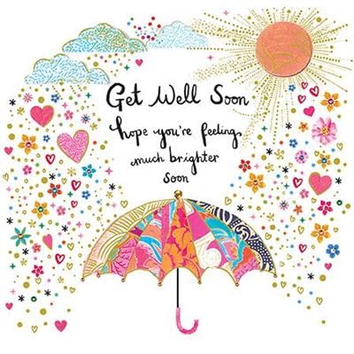 Paper Rose Tarjeta Get Well Soon de la gama Artisan – Corazones y paraguas lloviendo – Acabado en aluminio y en relieve de