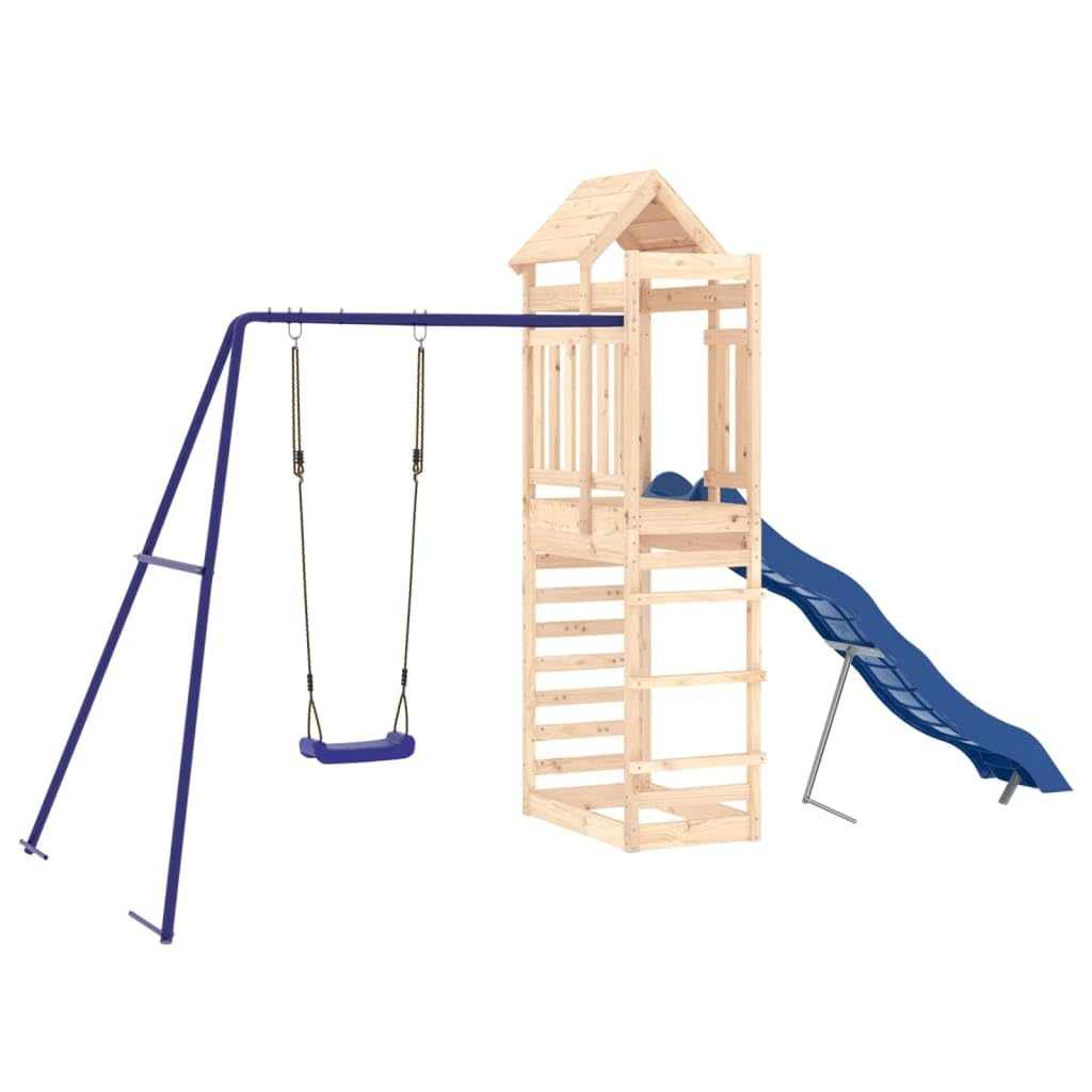 Torre da gioco in legno di pino massiccio con piattaforma da 118 cm, parete da arrampicata, scivolo ondulato, altalena e sabbiera per giardino