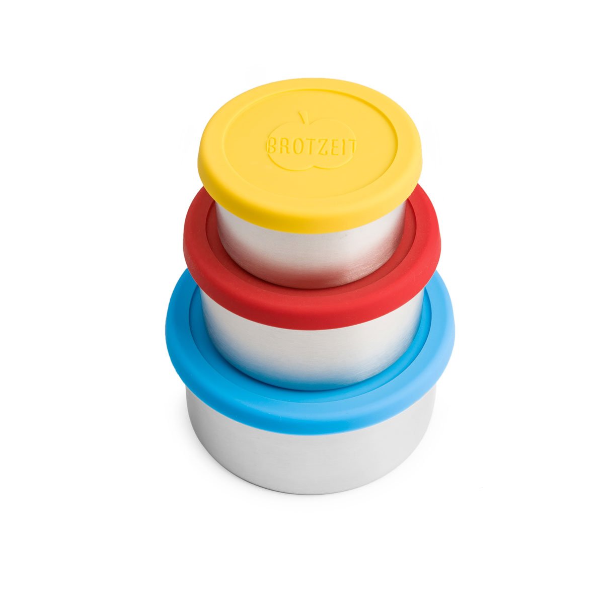 Brotzeit Dreierlei Lunchbox 3er Set aus Edelstahl mit Silikondeckel, Rot/Blau/Gelb, 13 x 13 x 6 cm