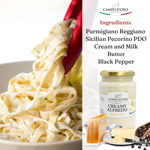 Image of CAMPO D'ORO - Creamy Alfredo Pasta Sauce, Fettucine, 12.3 oz (350g) | Made with DOP Parmigiano Reggiano and Pecorino Romano Cheese with Butter for Pasta, Non-GMO, Gluten Free, Product of Italy
