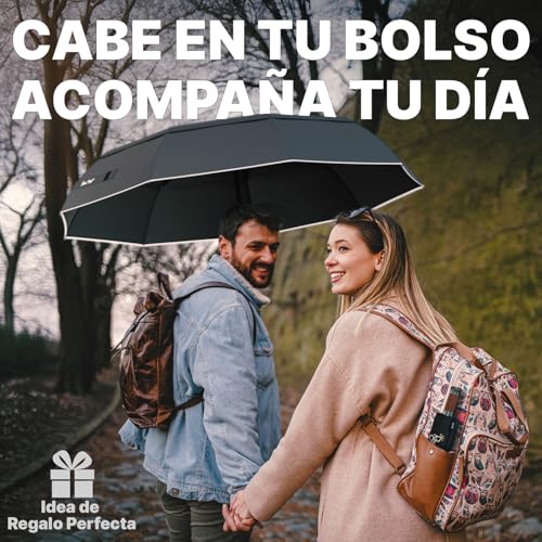 Royal Walk Paraguas de viaje plegable resistente al viento, compacto y fuerte, mango de madera auténtica, apertura automática, doble toldo ventilado para hombres y mujeres, Black, L, Moderno