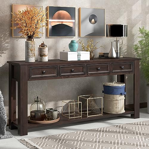 LUMISOL Long Console Table with 4 Storage Drawers, Farmhouse Sofa Table with Shelf for Entryway Living Room, 63 Inch Hallway Table for Entryway, Espresso