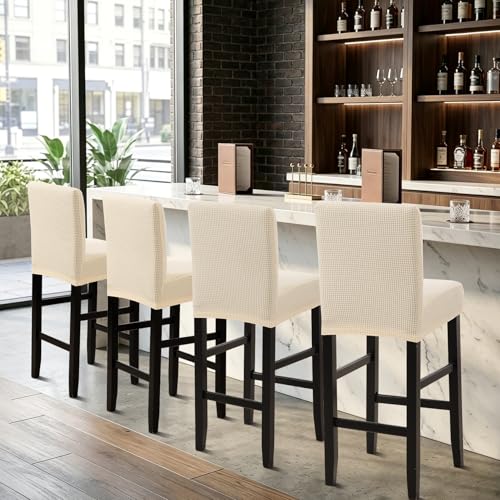 Image of YISUN Waterproof Bar Stool Covers, Stretch Barstool Slipcovers with Backs, Removable Washable Pub Tall Chair Slipcover, Counter Chair Seat Protector Cover, Jacquard Beige 4 Pack