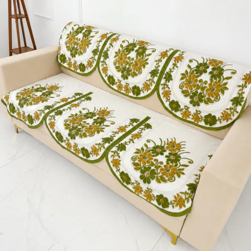 Image of Homerz Premium 'Surya Series' Sofa Cover | Stylish Sofa Protector | Net Fabric | Anti-Stain & Washable Slip Cover Exact Size Antislip (Daisy Green, 7 (3+2+2) Seater, Seat Cover with Backrest)