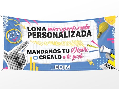 Oedim Lona Publicitaria Personalizada, Pancarta Ideal para Publicidad, 100x70cm, Fabricada en Lona Microperforada 350gr, Incluye Ojales, Resistente al Agua y Al Sol