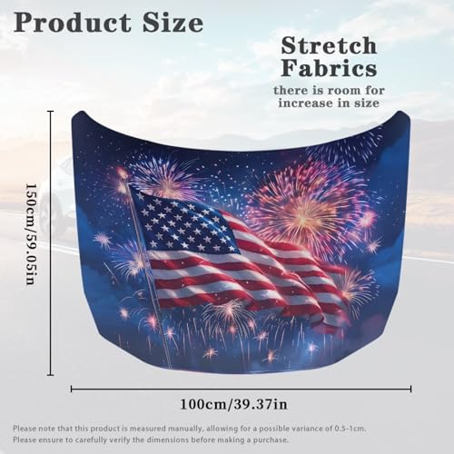 Image of American Flag Fireworks Car Hood Cover Protector 59x39 Inch Auto Hood Wrap Blankets Stretchable Waterproof Sun Proof Auto Patriotic Decorations for Sedans SUV Trucks