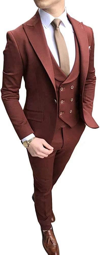 Ulnomio Men's Three Piece Suit Classic Fit Peak Lapel One Button Business Wedding Party Jacket & Vest & Pants