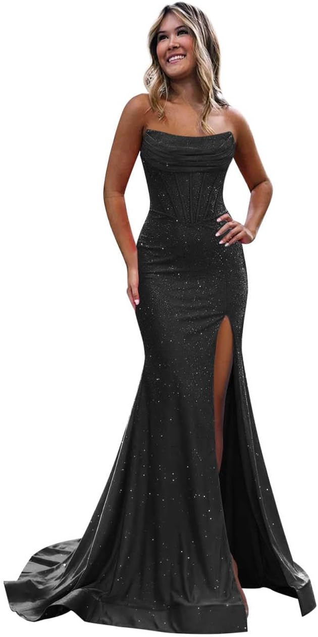 Glitter Sequin Prom Dresses for Women with Slit Strapless Corset Mermaid Evening Formal Party Gown