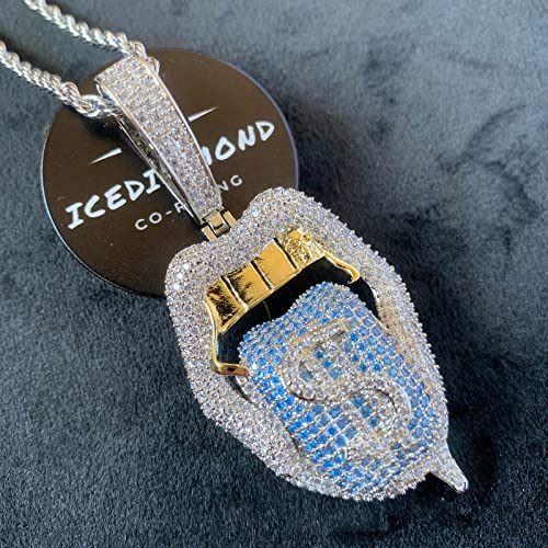 Icediamond Big Crazy Dollar Blazing Tongue Creative Pendant Necklace, Iced Out Bright Blue-Purple Cz Lab Diamond With White Gold Plated Hip Hop Charm Jewelry For Men (Blue) #TOP2