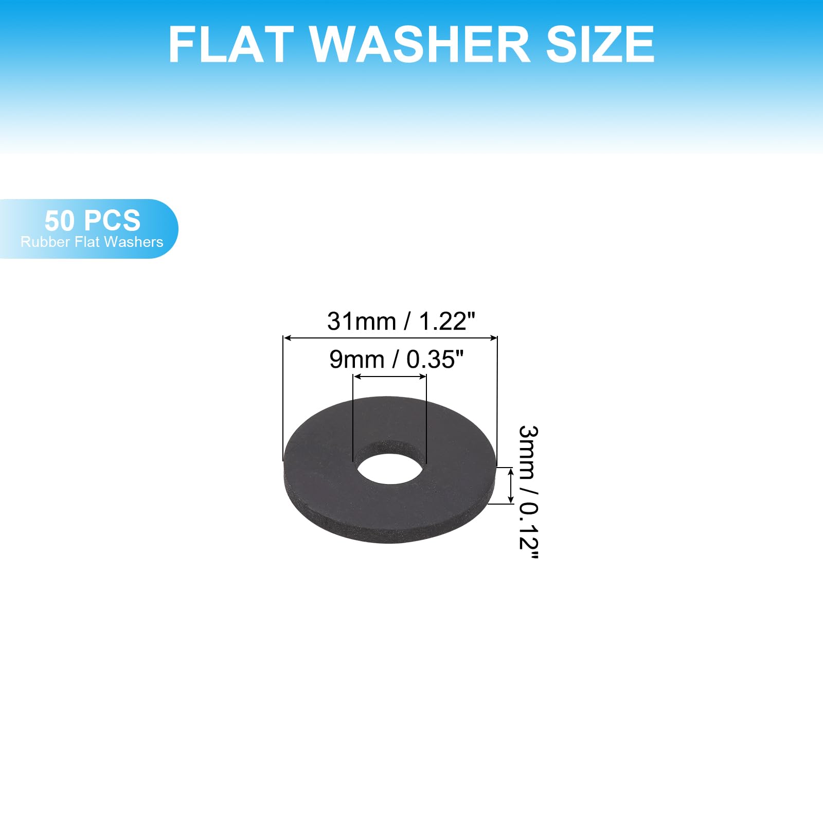 PATIKIL 50 Pcs Flat Rubber Washers 0.35" ID 1.22" OD 0.12" Thickness Sealing Rubber Spacer Gasket for Bolts Faucets Screws Hose Plumbing Black - Image 2