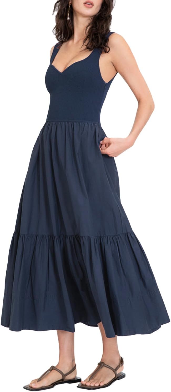 FANCYINN Women’s Sleeveless Summer Midi Dress Knit Tank Bodice Tiered V-Neck Casual Flowy Sundress Pockets Vacation Dress - Image 4