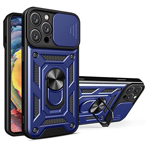 Doohoeek iPhone 14 ProMAX Case with Kickstand & Camera Protection, Fingerprintproof, Military Shockproof Protective Case with 360° Magnetic Ring Stand for iPhone 14 ProMAX, Blue Cover