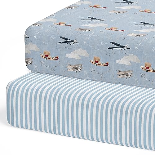 Image of 2-Pack Crib Sheet for Standard Crib & Toddler Mattress (Watercolor Airplanes and Clouds) - Premium Fitted Baby Crib Sheets - Buttery Soft Cotton Blend - Crib Mattress Sheets Fitted - Baby Bed Sheets