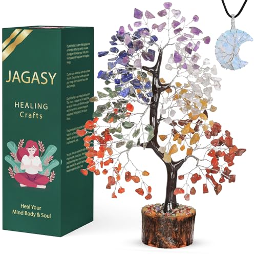 JAGASY Chakra Tree of Life – Crystals – Gem Tree – Feng Shui Tree – Energy Stones – Money Tree – Chakra Decor – Spiritual Gifts – Crystal Gifts – Opalite Moon Pendant