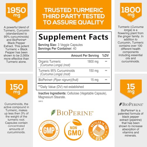Turmeric Curcumin with BioPerine 95% Standardized Curcuminoids 1950mg - Black Pepper Extract for Max Absorption, Nature's Joint Support Supplement, Herbal Turmeric Pills, Vegan Non-GMO - 120 Capsules - Image 3